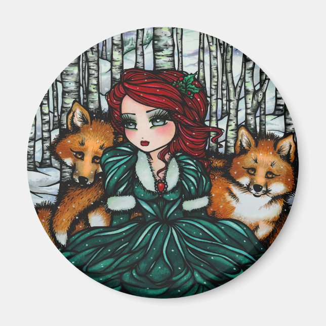 Whimsischer Winter Foxes Forest Art von Hannah Lyn Magnet (Vorne)
