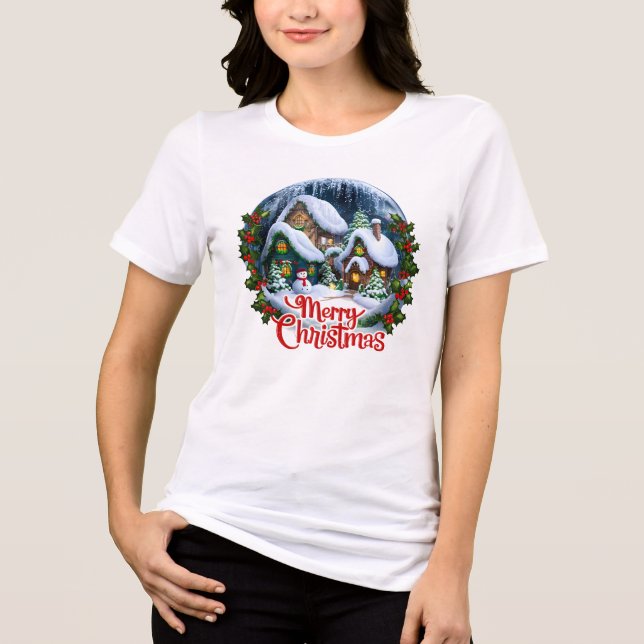 Whimsischer Winter Village Snow Globe Tri-Blend Shirt (Vorderseite)
