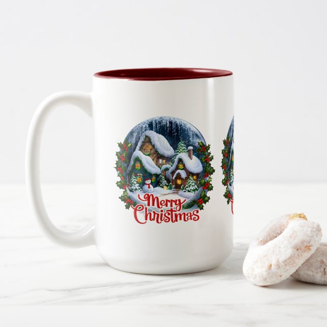 Whimsischer Winter Village Snow Globe Zweifarbige Tasse (Mit Donut)