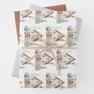 Whimsischer Winter Weihnachtshaus Wasserfarbe Geschenkpapier Set