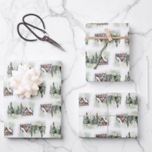 Whimsischer Winterwald und Hütte Geschenkpapier Set