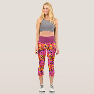 Whimsisches Abstrakt Flamingo Rosa Orange Floral Capri Leggings