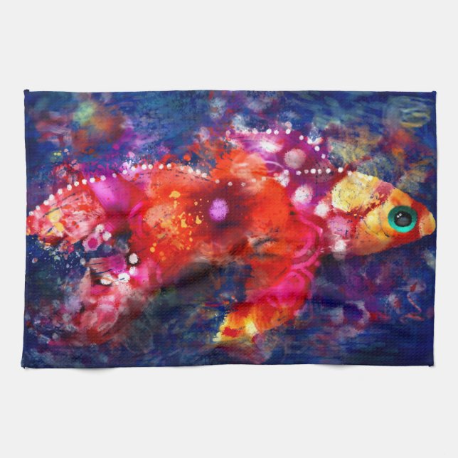 Whimsisches Abstrakt Goldfish Lila Orange Pink Geschirrtuch (Horizontal)