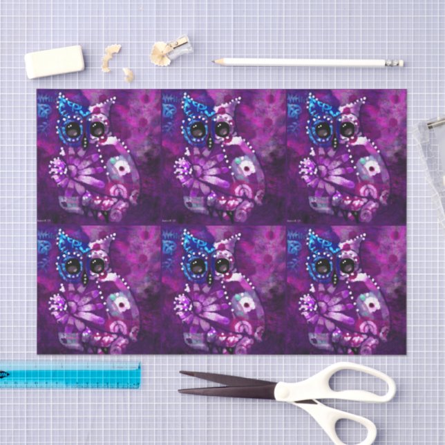 Whimsisches Abstraktes Eule-Lila Vogeldekoupage Seidenpapier (Handwerk)