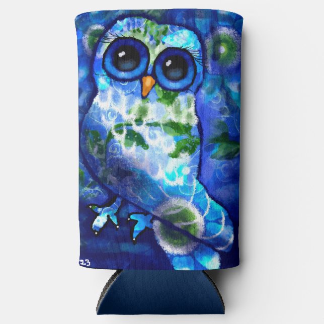 Whimsisches Abstraktes Owl Blue Floral Aquamarin B Selters Dosenkühler (Vorderseite)