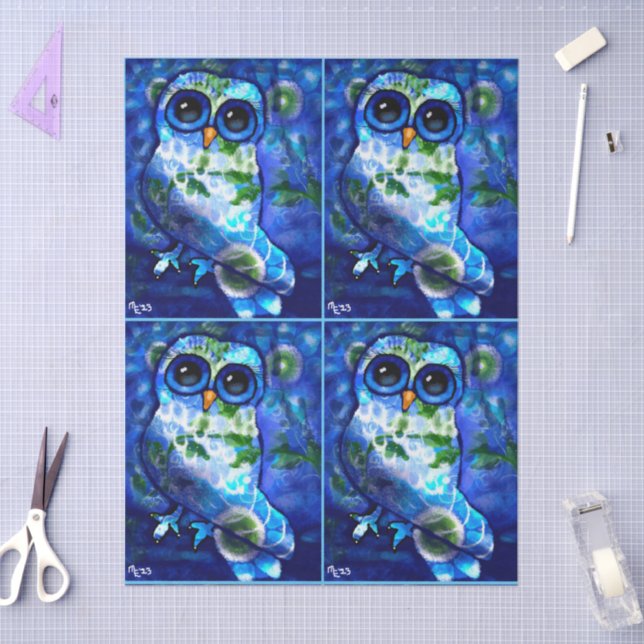 Whimsisches Abstraktes Owl Blue Green Floral Decou Seidenpapier (Basteln)