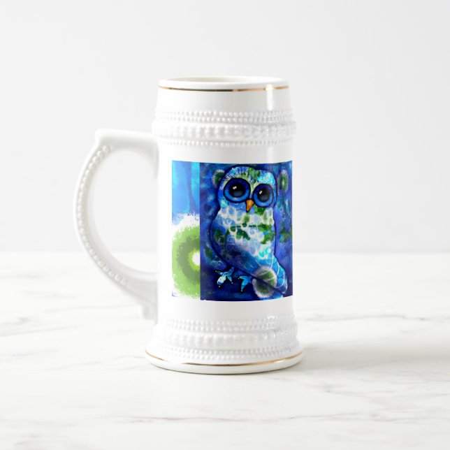 Whimsisches Abstraktes Owl Blüten Blume Blau Grün Bierglas (Links)