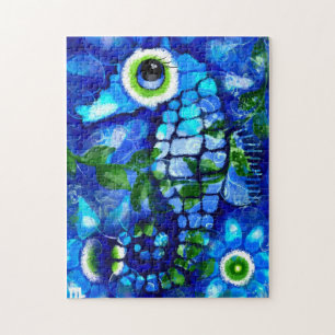 Whimsisches Abstraktes Seepferd Blau Aquamarin grü Puzzle