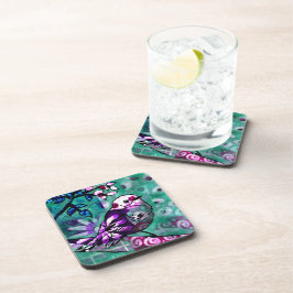 Whimsisches Abstraktes Vogelfloral Aquamarin Lila Getränkeuntersetzer