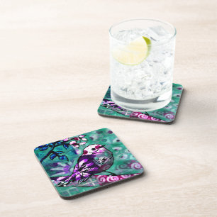 Whimsisches Abstraktes Vogelfloral Aquamarin Lila Getränkeuntersetzer