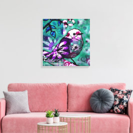 Whimsisches Abstraktes Vogelfloral Aquamarin Lila Leinwanddruck