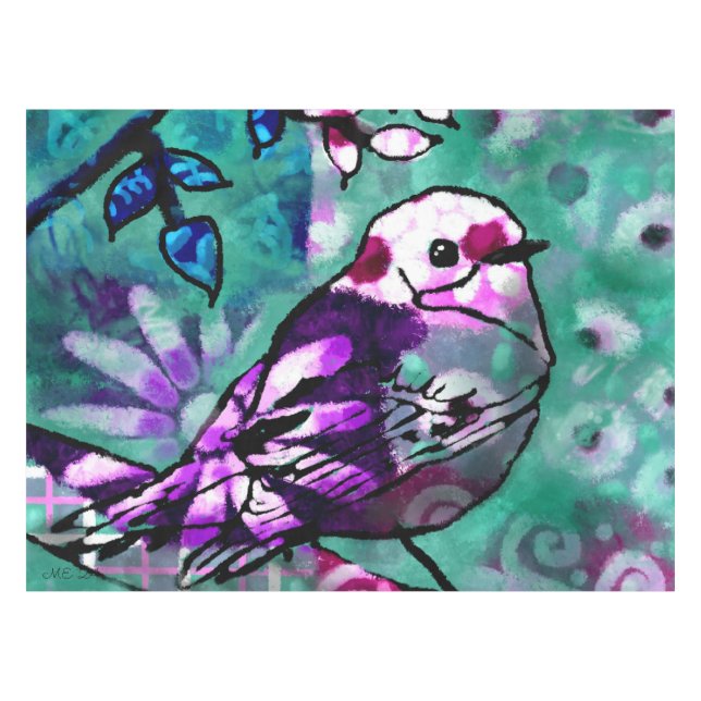 Whimsisches Abstraktes Vogelfloral Aquamarin Lila Tischdecke (Vorderseite (Horizontal))