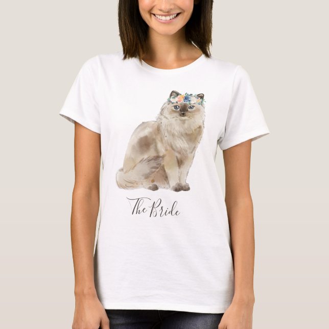 Whimsisches Aquarell Blumenbride Katze T-Shirt (Vorderseite)