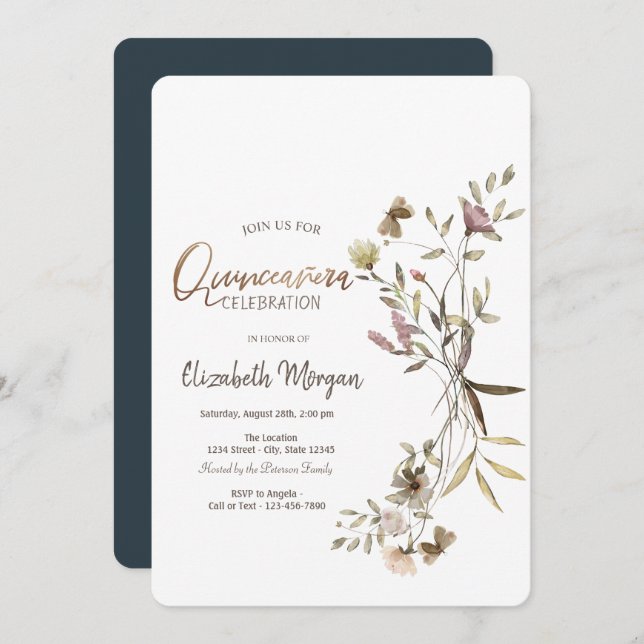 Whimsisches Aquarell Wildblume Quinceañera Einladung (Vorne/Hinten)