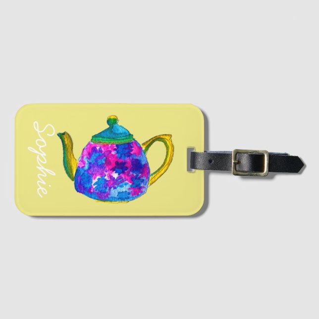 Whimsisches Aquarellteapot Gepäckanhänger (Vorderseite (Horizontal))