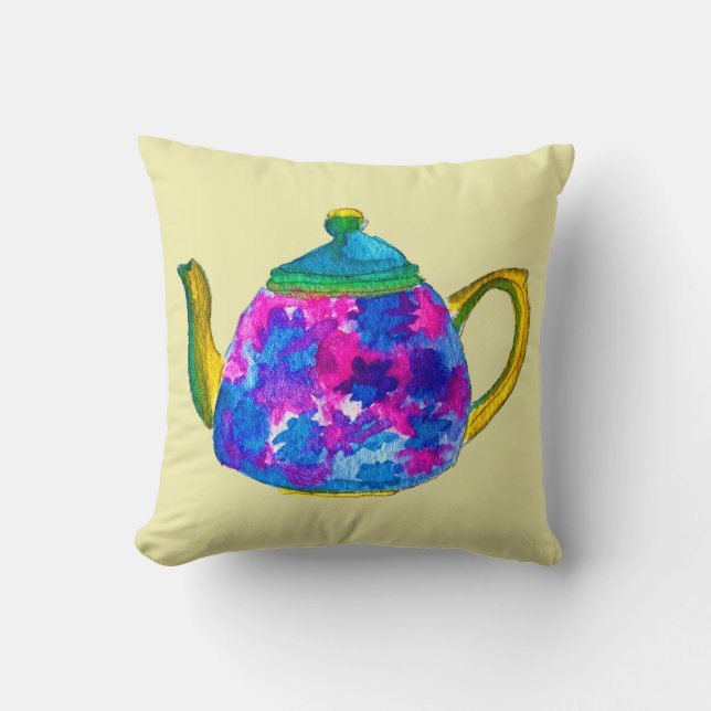 Whimsisches Aquarellteapot Kissen (Vorderseite)