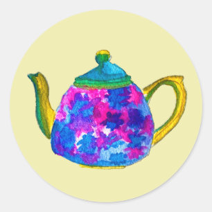 Whimsisches Aquarellteapot Runder Aufkleber