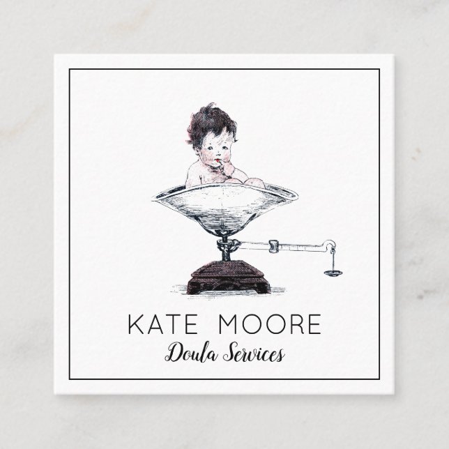 Whimsisches Baby auf Waage, Hebamme oder Doula Quadratische Visitenkarte (Vorderseite)