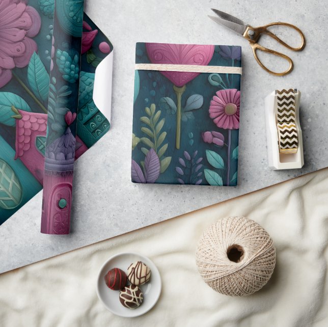 Whimsisches Blumenmuster Geschenkpapier (Kunsthandwerk)