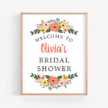 Whimsisches Blush Coral Brautparty Willkommen Poster<br><div class="desc">Das Begrüßungspposter / -zeichen des Hochzeitssommers ist mit einem stylischen Brautparty gerahmt,  das durch ein florales Kränzdesign mit bunten Aquarellfarben-Blume,  Blätter und Grüntönen in Rosa,  Gelb,  Korallen,  Orangenrot,  Violett lila und Grün gekennzeichnet ist. Umfasst stylischen,  benutzerdefinierten Text,  der mit dem Vornamen der Braut personalisiert werden kann.</div>
