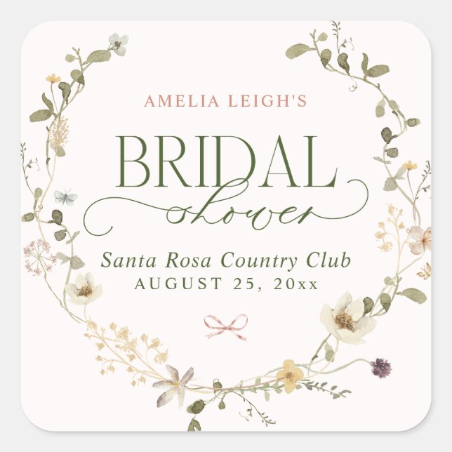 Whimsisches Brautparty "Garden & Bows" Quadratischer Aufkleber (Vorderseite)