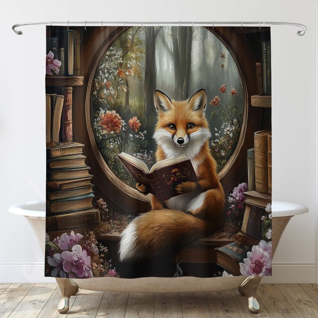 Whimsisches Buch Lover Reading Fox Duschvorhang (Von Creator hochgeladen)