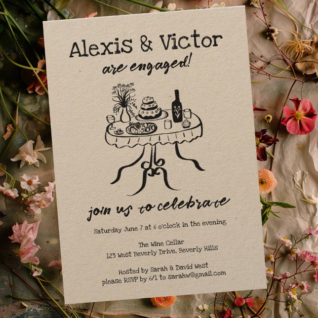 Whimsisches Buffet Abendessen Custom Engagement Pa Einladung (Whimsical Buffet Dinner Custom Engagement Party Invitation Kraft Rustic Doodle Sketch)