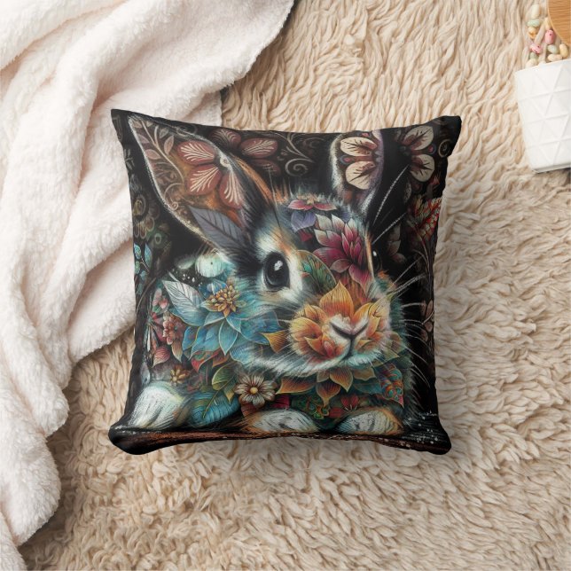 Whimsisches Bunny Rabbit Abstrakt Black Aquamarin Kissen (Decke)