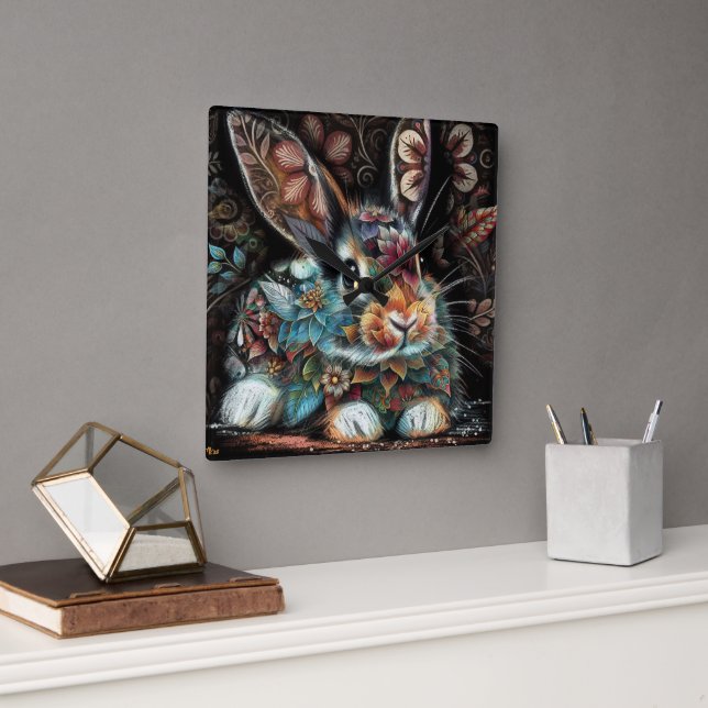 Whimsisches Bunny Rabbit Abstrakt Black Aquamarin Quadratische Wanduhr (Büro)