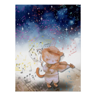 Whimsisches Cat Violinist Fantasy Art Poster