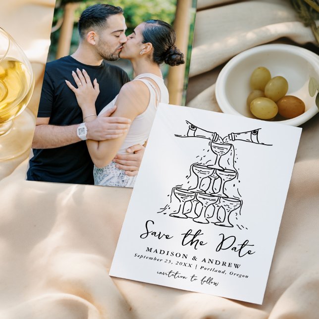 Whimsisches Champagner Tower Handgeschriebenes Fot Save The Date (Von Creator hochgeladen)