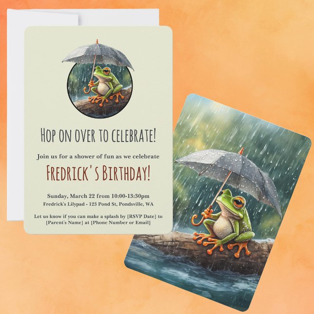 Whimsisches Cotattcore Frosch Birthday Foto Party Einladung (Whimsical woodland cottagecore frog birthday party invite rainy day aesthetic painterly style)