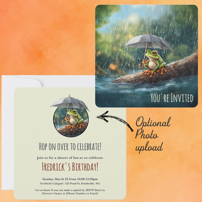 Whimsisches Cotattcore Frosch Birthday Foto Party Einladung (Whimsical Woodland Cottagecore Frog Birthday Party invitation rainy day aesthetic premium design)