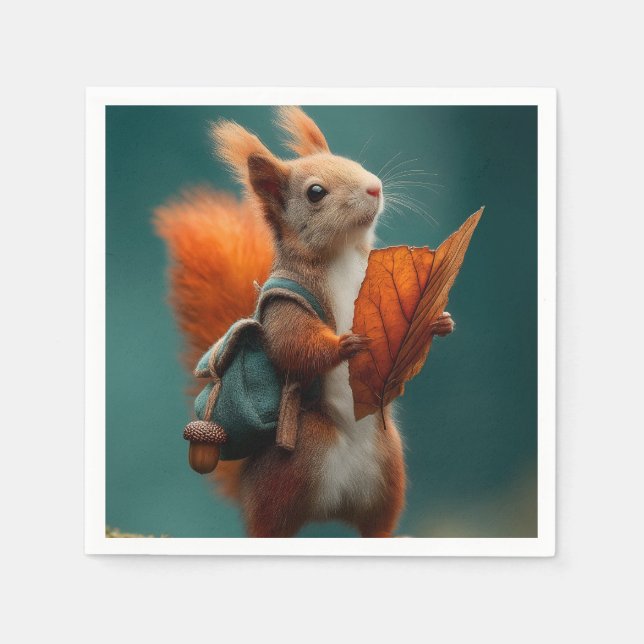 Whimsisches Eichhörnchen mit Rucksack und Herbstle Serviette (Vorderseite)