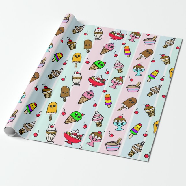 Whimsisches Eis und Kirschen Geburtstag Geschenkpapier (Ungerollt)