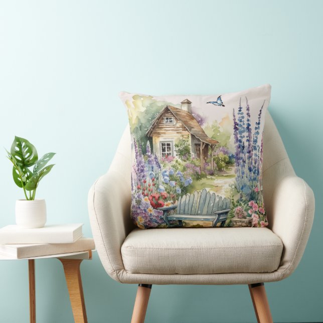 Whimsisches Englisch Hütte House Blumengarten Kissen (Stuhl )