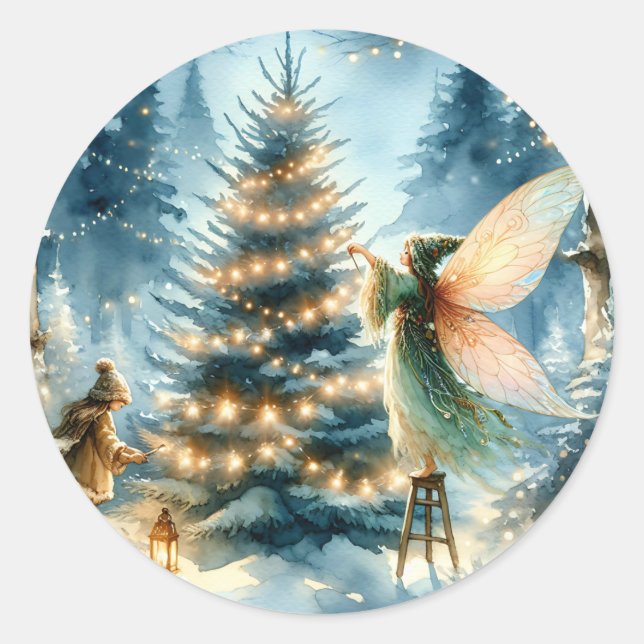 Whimsisches Fairies im Winter Wonderland Runder Aufkleber (Vorderseite)