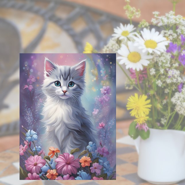 Whimsisches Fantasy Kitten in Garden Cat Postcard Postkarte (Magical Blooms, Pawsome Wishes! 🌸😺)