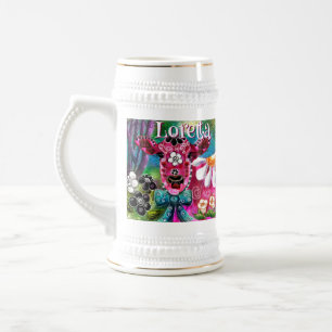 Whimsisches Floral Kuh Pink Aquamarin Schwarz Pers Bierglas