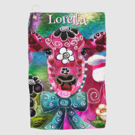 Whimsisches Floral Kuh Pink Aquamarin Schwarz Pers Golfhandtuch