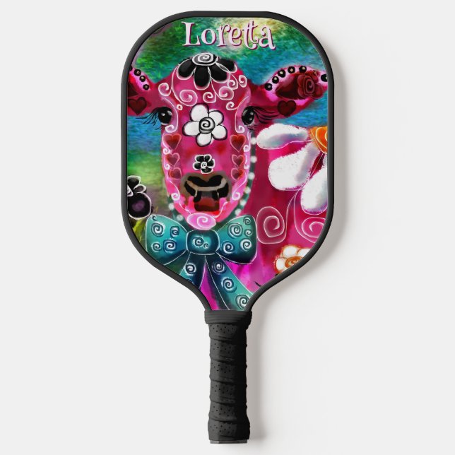 Whimsisches Floral Kuh Pink Aquamarin Schwarz Pers Pickleball Schläger (Vorderseite)