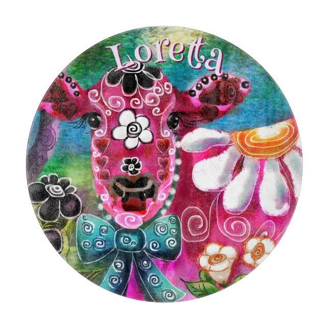 Whimsisches Floral Kuh Pink Aquamarin Schwarz Pers Schneidebrett (Vorderseite)