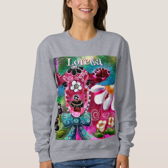 Whimsisches Floral Kuh Pink Aquamarin Schwarz Pers Sweatshirt (Vorderseite)