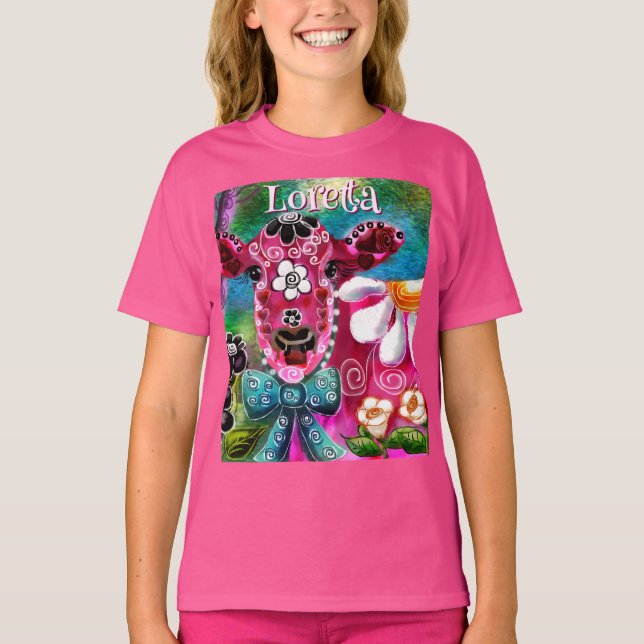 Whimsisches Floral Kuh Pink Aquamarin Schwarz Pers T-Shirt (Vorderseite)