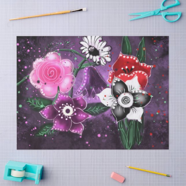 Whimsisches florales Blume Lila Black Decoupage Seidenpapier (Basteln)