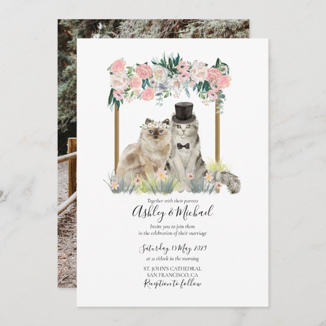 Whimsisches Foto Aquarellkatze Pink Weiße Blüte Einladung (Vorne/Hinten)