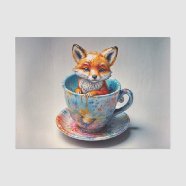Whimsisches Fox-Kit im Teacup-Dekoupage-Papier Seidenpapier (Vorderseite)