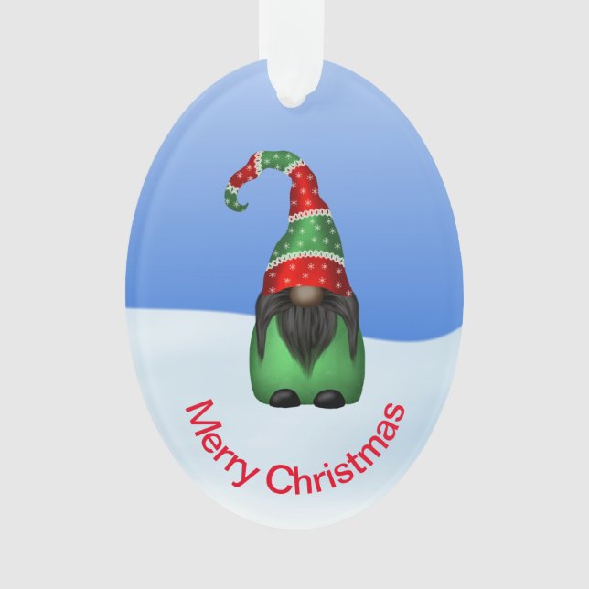 Whimsisches Gnome an einem schneebedeckten Weihnac Ornament (Vorderseite)