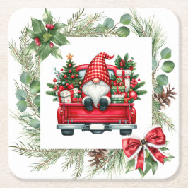 Whimsisches Gnome in Red Truck mit Weihnachtskranz Rechteckiger Pappuntersetzer
