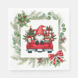 Whimsisches Gnome in Red Truck mit Weihnachtskranz Serviette